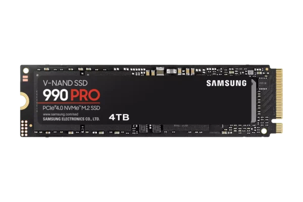 Samsung 990 PRO NVMe M.2 SSD 4TB, PCIe 4.0, 7.450 MB/s Lesen, 6.900 MB/s Schreiben MZ-V9P4T0BW Samsung 990 PRO NVMe M.2 SSD , 4 TB, PCIe 4.0, 7.450 MB/s Lesen, 6.900 MB/s Schreiben, Interne SSD für Gaming und Videobearbeitung, Schwarz, MZ-V9P1T0BW Digitale Speicherkapazität 4 TB Festplattenschnittstelle PC Card Konnektivitätstechnologie PCI Express 4.0 Marke Samsung Besonderes Merkmal Tragbar Festplatten-Formfaktor 2,5 Zoll Beschreibung der Festplatte Festkörper-Laufwerk Kompatible Geräte Laptop, PC, Desktop Installationstyp Interne Festplatte Farbe Black Info zu diesem Artikel Leistungsstarke PCIe 4.0 NVMe SSD für High-End-Gaming auf dem PC sowie für 4K-Video- und 3D-Bearbeitung, Datenanalyse und mehr Atemberaubende Geschwindigkeit: Sequentielle Lese-/Schreibgeschwindigkeiten von bis zu 7.450 MB/s bzw. 6.900 MB/s bei allen Varianten von 1 bis 4 TB Speicherkapazität Hohe Zuverlässigkeit und lang anhaltende Leistung dank Heat Spreader und Dynamic Thermal Guard-Technologie zum Schutz vor Überhitzung Speicherkapazitäten von bis zu 4 TB im kompakten M.2-Formfaktor (2280), Ideal für leistungsstarke (Gaming-)PCs und Notebooks/Ultrabooks Einfache Laufwerksverwaltung, mit benutzerfreundlicher Samsung Magician Software für Laufwerk-Updates und Leistungsoptimierung Lieferumfang: 1 x Samsung 990 PRO NVMe M.2 SSD, Speicherkapazität: 1 TB Produktbeschreibung des Herstellers Explosives Tempo für intensives Gaming Entdecke die starke Leistung mit PCIe 4.0 und erlebe rasante Geschwindigkeit, um dich der Konkurrenz zu stellen. Die Wärmeregulierung des Samsung Controllers bietet hohe Energieeffizienz bei gleichbleibend hoher Geschwindigkeit und Performance. So steht dem Gaming-Spaß nichts mehr im Weg.¹ PCIe mit rasanter Geschwindigkeit Angepasste Performance: 40 % und 55 % schnellere zufällige Lese- und Schreibgeschwindigkeit im Vergleich zur 980 PRO, bis zu 1.400 K / 1.550 K IOPS sowie sequentielle Lese-/Schreibgeschwindigkeiten von bis zu 7.450 / 6.900 MB/s.² ³ ⁴ Bahnbrechende Energieffizienz Höhere Leistung verbraucht oftmals mehr Strom. Nicht mit der 990 PRO. Erlebe mit der NVMe SSD einen geringen Strombedarf durch eine um über 50 % pro Watt verbesserte Leistung gegenüber dem Vorgängermodell.⁵ Der Performance-Macher Dein Spiel-Spaß wird in weite Sphären katapultiert. Denn durch eine Leistungsverbesserung um mehr als 55 % gegenüber dem Vorgängermodell ermöglicht die interne SSD schnellere Ladevorgänge für ein authentischeres Gaming-Erlebnis von Playstation 5- und PC-Spielen mit Direct Storage Funktion.⁶ ⁷ ⁸ Smarte Temperaturregulierung Der nickelbeschichtete Controller und der hochmoderne thermische Steueralgorithmus regulieren die Wärme und ermöglichen so uneingeschränkte Performance. Das Heatspreader-Label kontrolliert die Wärme des NAND-Chips, während die Dynamic-Thermal Guard-Technologie die Temperaturen reguliert. Samsung Magician Software Die benutzerfreundliche Software-Lösung hilft dir dabei, immer ein Auge auf deine interne SSD zu haben. Damit kannst du dein Laufwerk mit Updates immer auf dem neusten Stand halten, Statusparameter und Geschwindigkeit überwachen und sogar die Leistungsfähigkeit optimieren