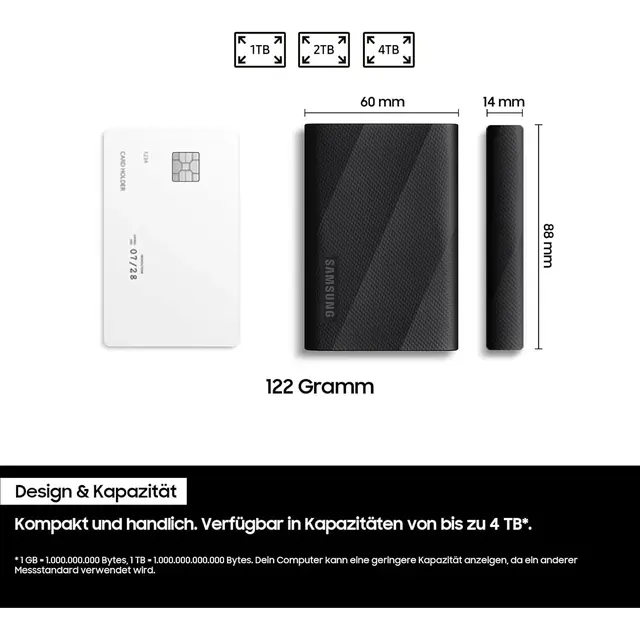 Samsung Portable SSD T9 1 TB USB 3.2 Gen2x2 Typ-C Schwarz bis 2.000 MB/s PC/Mac MU-PG1T0B/EU