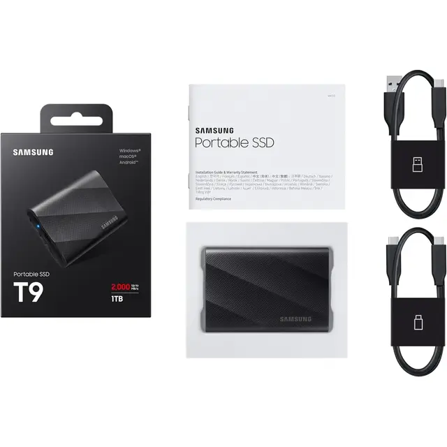 Samsung Portable SSD T9 1 TB USB 3.2 Gen2x2 Typ-C Schwarz bis 2.000 MB/s PC/Mac MU-PG1T0B/EU